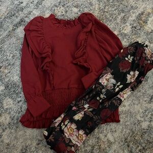 Kids Burgundy Ruffle Top and Floral Pants Set